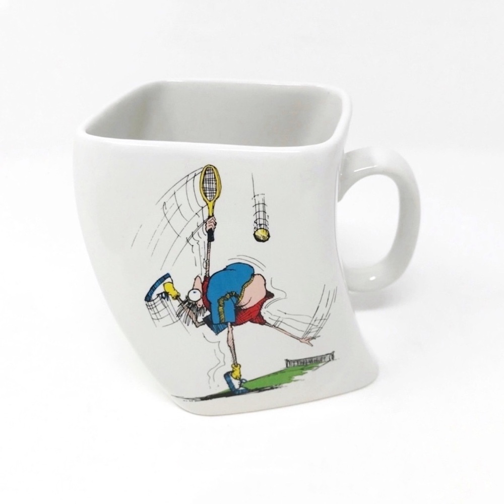 Vintage 1992 Tennis Mug Cartoon Twisted Square Coffee Cup - True Vtg